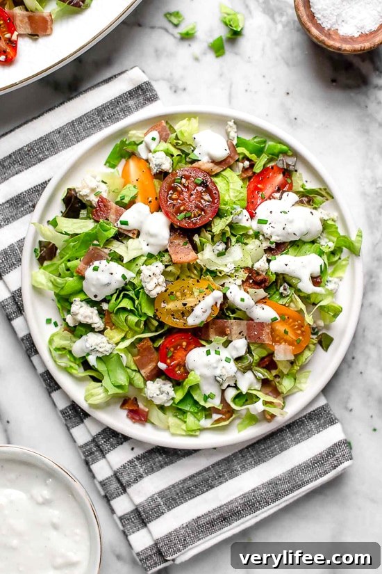 Chopped Wedge Salad with Blue Cheese and Crispy Bacon 7 Classic wedge salad meets chopped salad in this easy side salad dish made with lettuce, bacon, blue cheese and chives with a light homemade blue cheese dressing.