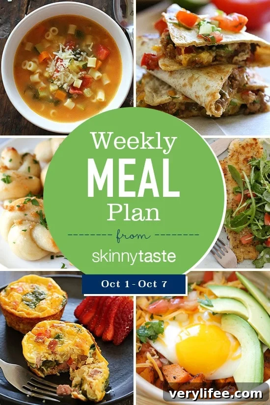 Skinnytaste Weekly Meal Plan: Oct 1-7 2 A free 7-day flexible meal plan including breakfast, lunch and dinner and a shopping list. All recipes include calories and Weight Watchers Freestyle™ SmartPoints®.