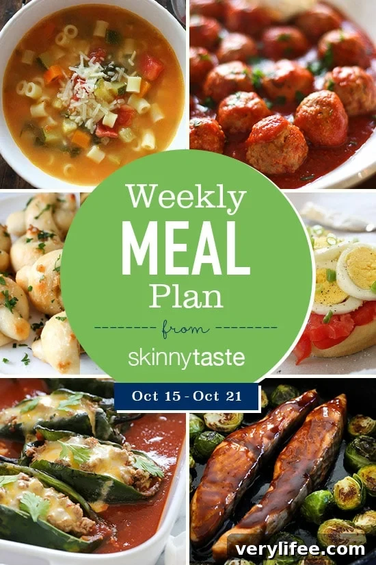 Skinnytaste Weekly Meal Plan: Oct 15–21 2 A free 7-day flexible meal plan including breakfast, lunch and dinner and a shopping list. All recipes include calories and Weight Watchers Freestyle™ SmartPoints®.