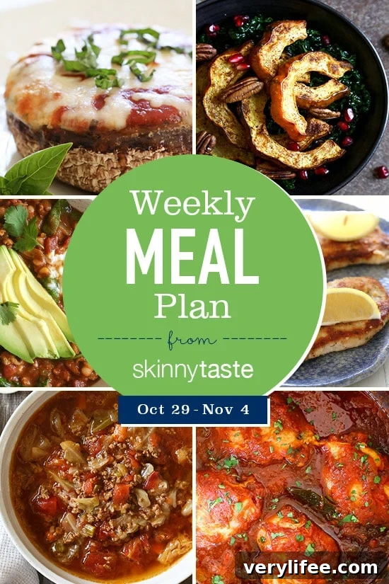 Skinnytaste Weekly Meal Plan: Oct 29-Nov 4 2 A free 7-day flexible meal plan including breakfast, lunch and dinner and a shopping list. All recipes include calories and Weight Watchers Freestyle™ SmartPoints®.