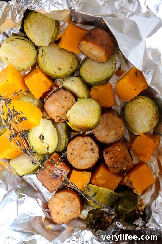 Spicy Sausage Foil Packets with Brussels Sprouts and Butternut 6 Serving of roasted sausage, Brussels sprouts and butternut squash.