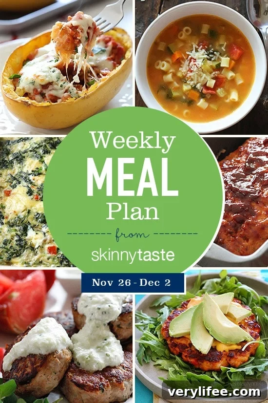 Skinnytaste Meal Plan: Nov 26–Dec 2 2 A free 7-day flexible meal plan including breakfast, lunch and dinner and a shopping list. All recipes include calories and Weight Watchers Freestyle™ SmartPoints®.