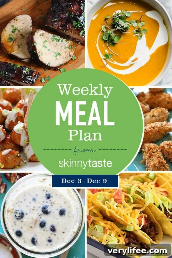 Skinnytaste Weekly Meal Plan: Dec 3-9 2 A free 7-day flexible meal plan including breakfast, lunch and dinner and a shopping list. All recipes include calories and Weight Watchers Freestyle™ SmartPoints®.