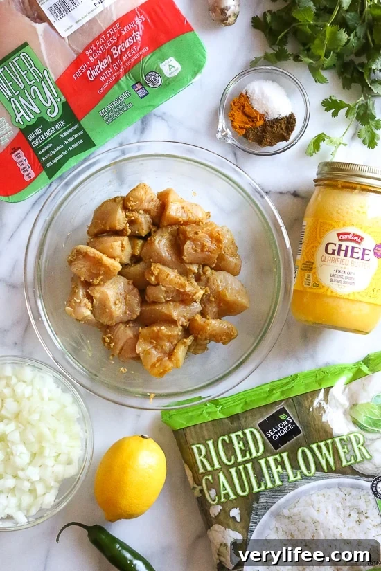 Chicken Biryani with Cauliflower Rice Recipe 3 Inspired by the popular Indian or Persian dish, Chicken Biryani, only streamlined to make quick, easy and low carb. By replacing the rice with riced cauliflower, it's also Keto and Whole30 friendly.