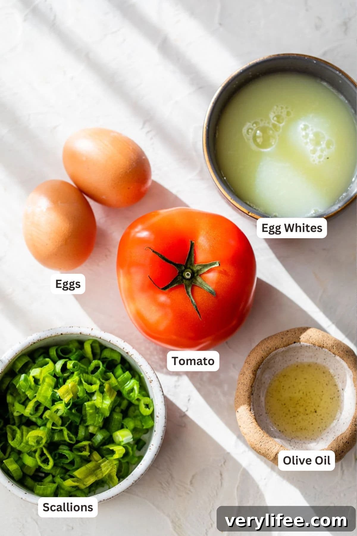 Overhead view of ingredients for huevos pericos
