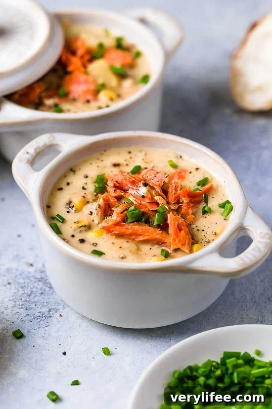 Creamy Seattle Smoked Salmon Chowder Recipe 2 Bowl of creamy smoked salmon chowder with chives