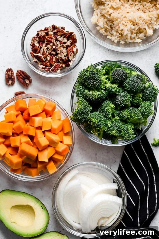 Vibrant Buddha Bowl with Quinoa and Roasted Vegetables 2 Overhead view of ingredients for Buddha bowls