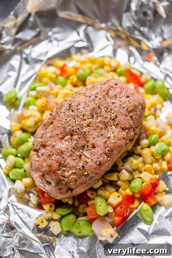 Campfire meatloaf foil packets with succotash.