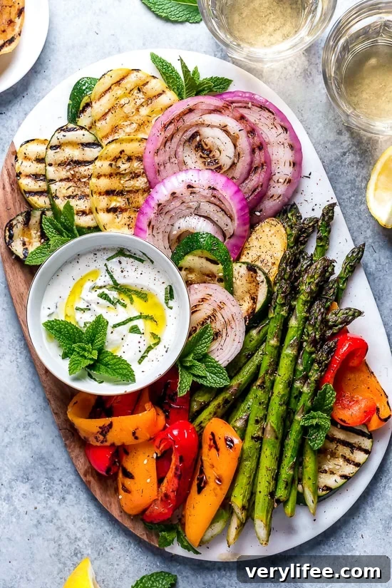 Grilled Vegetable Platter with Mint Yogurt Sauce 2 Grilled Vegetables with Yogurt Mint Sauce are colorful and delicious