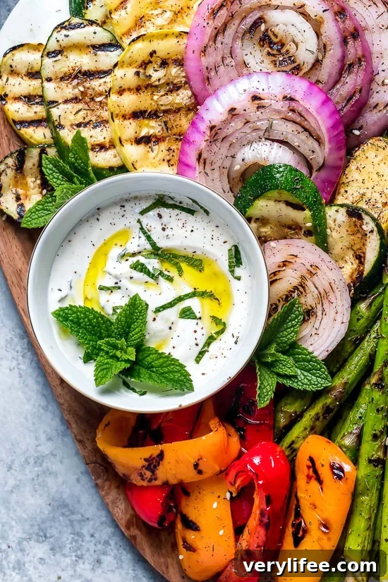 Grilled Vegetable Platter with Mint Yogurt Sauce 3 Grilled Vegetable Platter with Yogurt Mint Sauce is colorful