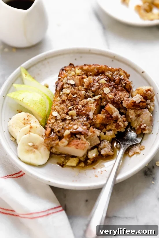 Baked Oatmeal with Pears, Bananas and Walnuts 2 Baked oatmeal is like having dessert for breakfast! Made with healthy ingredients—bananas, pears, oats, nuts and maple syrup, it will leave you satisfied all morning.