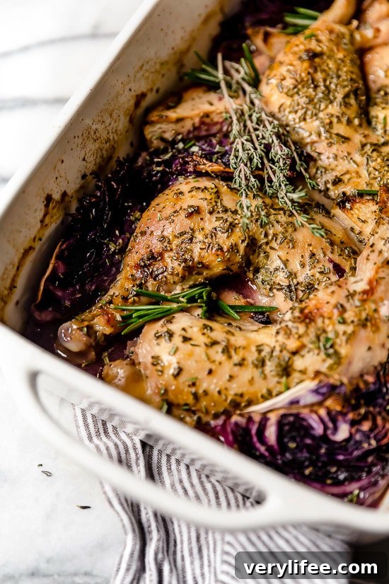 Cider-marinated chicken, red cabbage and apples in a baking dish.