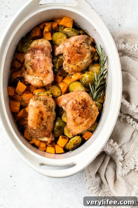Baked Chicken Thighs with Brussels Sprouts and Sweet Potatoes 3 Baked Chicken Thighs with Brussels Sprouts and Sweet Potato, a quick and easy one-pot chicken dinner for a chilly, fall night.