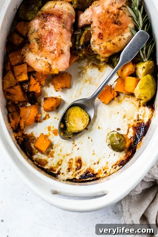 Baked Chicken Thighs with Brussels Sprouts and Sweet Potatoes 4 Baked Chicken Thighs with Brussels Sprouts and Sweet Potato, a quick and easy one-pot chicken dinner for a chilly, fall night.