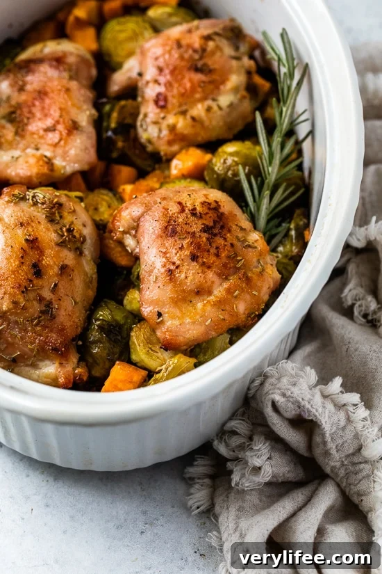 Baked Chicken Thighs with Brussels Sprouts and Sweet Potatoes 7 Baked Chicken Thighs with Brussels Sprouts and Sweet Potato, a quick and easy one-pot chicken dinner for a chilly, fall night.