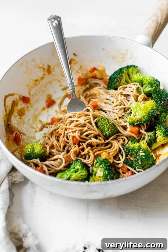 Sesame Ginger Soba Noodle Stir-Fry with Vegetables 2 This spicy Soba Noodle Veggie Stir Fry is a quick and easy meal for one, and perfect as a dairy-free, vegetarian dinner.
