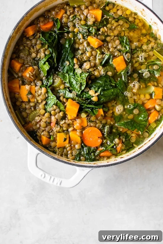 Bowl of lentil soup with lemon and herbs