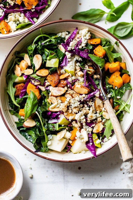 Immune-boosting kale, squash, purple cabbage, arugula, almonds, basil and pears are all tossed in a tangy-sweet dressing. To add more protein, you could add grilled shrimp or salmon.