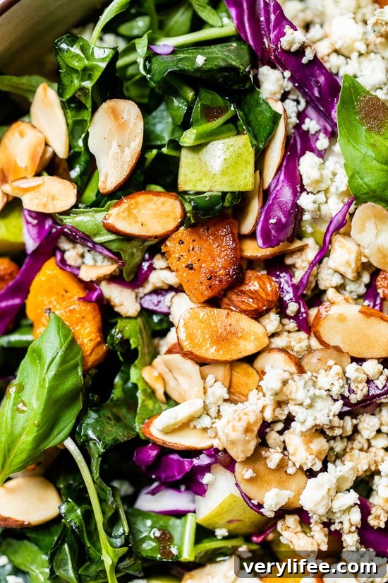 Kale and Roasted Butternut Squash Salad with Pears and Almonds 5 salad close-up