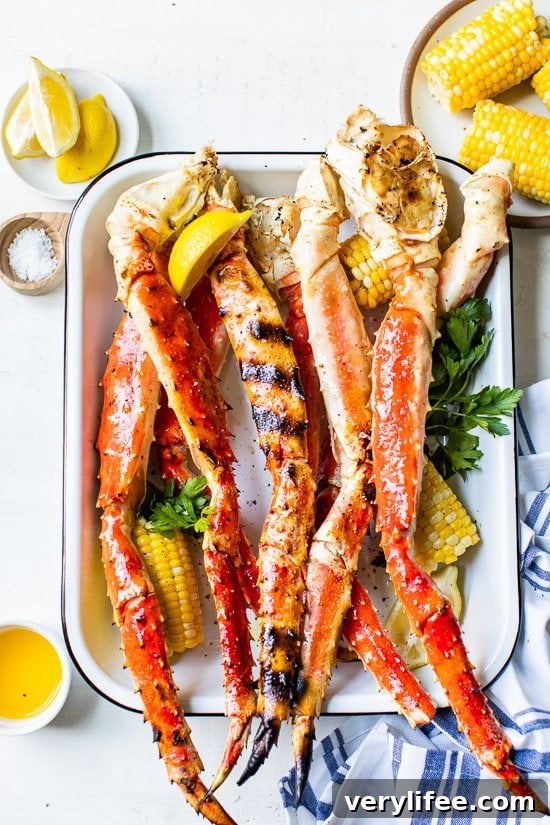 Smoky Grilled Crab Legs with Lemon Garlic Butter 4 Grilled King Crab Legs in a platter