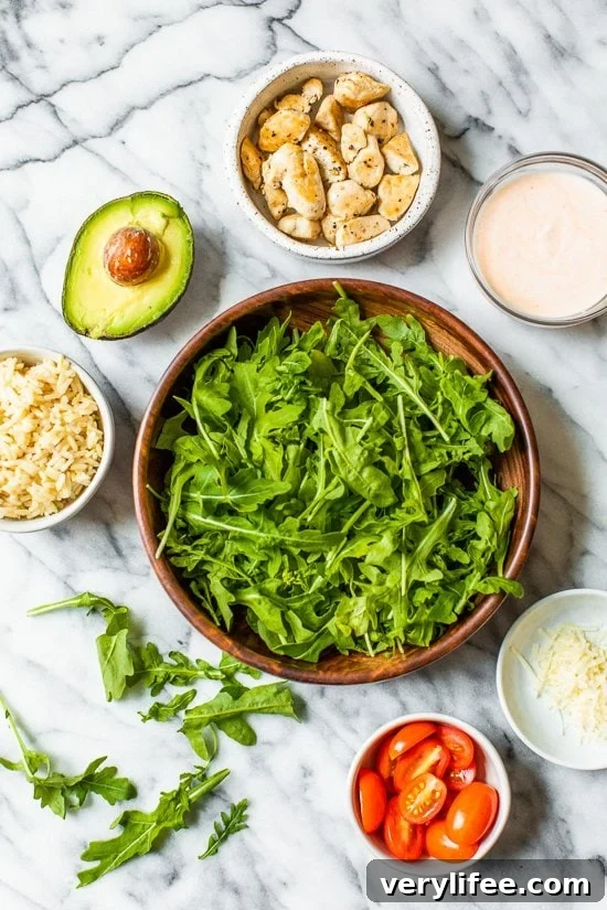 arugula, chicken, avocado, brown rice