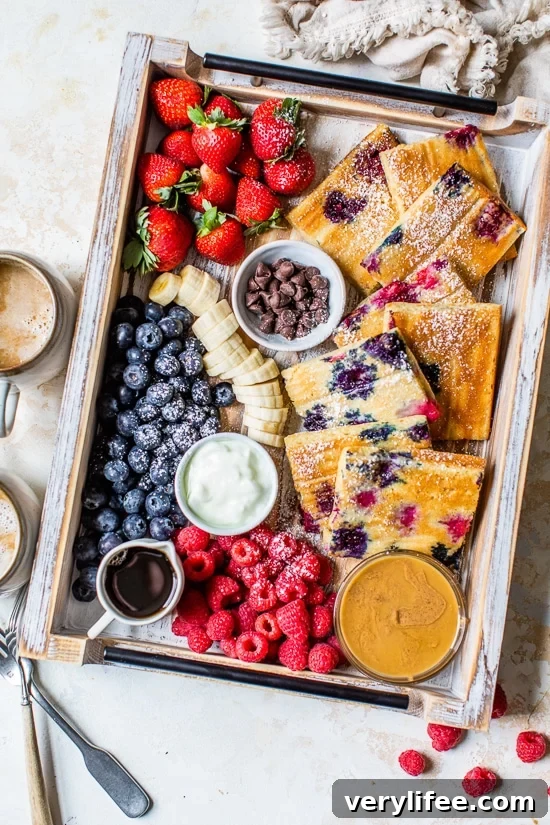 Sheet Pan Yogurt Pancakes with Mixed Berries 2 sheet pan pancakes on a tray with berries and toppings.
