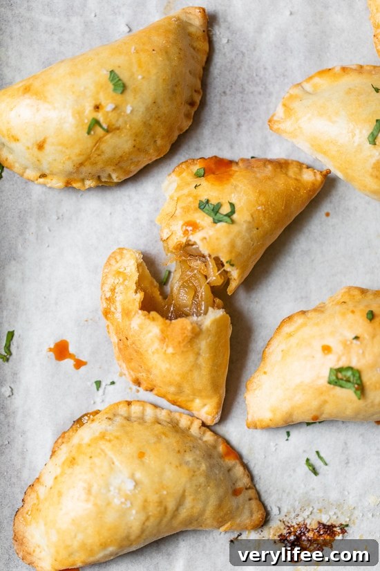 Chilean Mini Empanadas with Caramelized Onions 6 Chilean empanadas with hot sauce