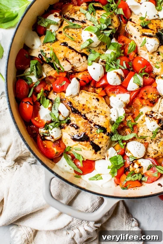 Caprese chicken skillet with tomatoes, basil and balsamic