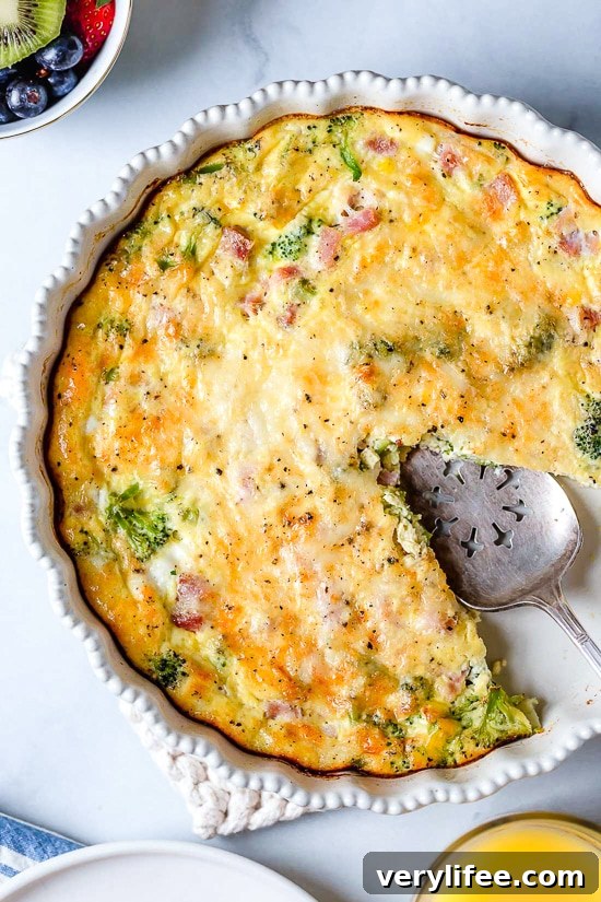 Light, low-carb crustless ham and cheese quiche