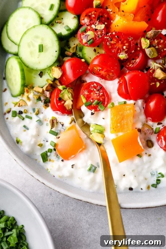 Savory Cottage Cheese Bowl Recipe for Brunch or Lunch 6 cottage cheese topped with veggies