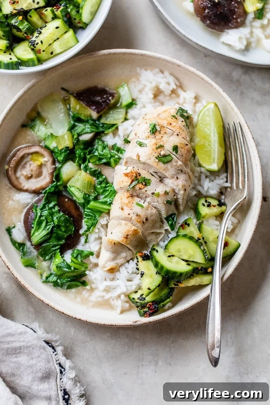 Coconut-Poached Chicken with Bok Choy and Mushrooms Recipe 5 Coconut-Poached Chicken with Bok Choy, cucumbers and rice.