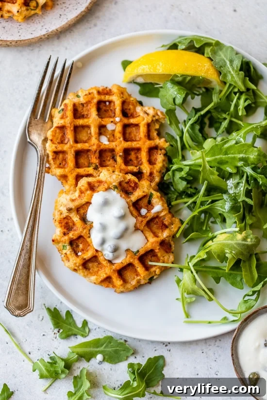 Crispy 10-Minute Waffle Iron Salmon Cakes 2 Waffled Salmon Cakes with arugula and lemon