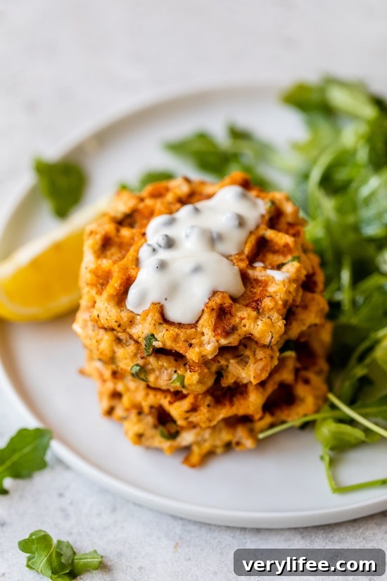 Crispy 10-Minute Waffle Iron Salmon Cakes 4 salmon cakes with caper mayo