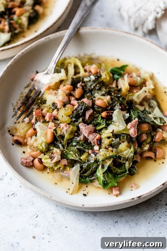 Black Eyed Peas with Leftover Ham Bone, Collard Greens and Cabbage