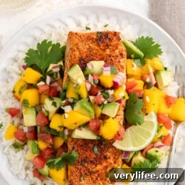 Chili-Lime Air Fryer Salmon topped with salsa (thumbnail)