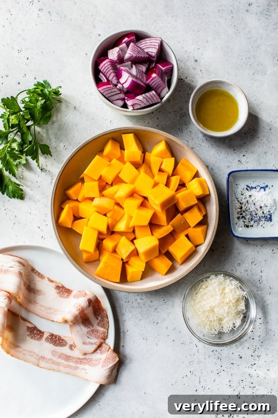 Roasted Butternut Squash with Bacon, Parmesan & Onions 4 Roasted Butternut Squash with Onions, Bacon and Parmesan