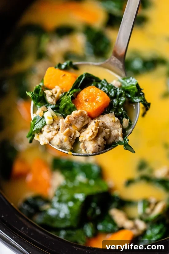 Slow Cooker Creamy Sausage, Kale, Sweet Potato Soup