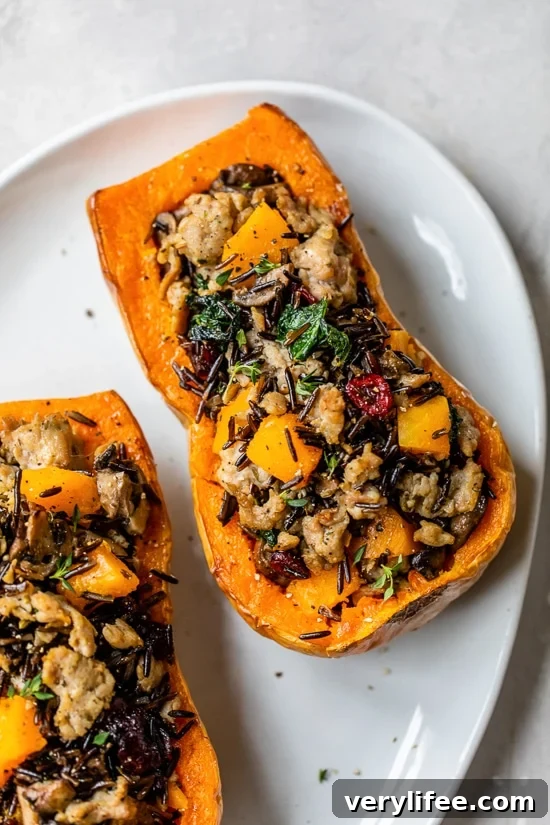 Stuffed Butternut Squash with Wild Rice and Sausage