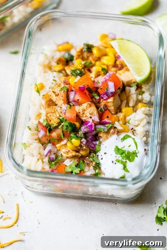 25 Most Popular Nutritious Recipes of 2022 24 Chicken Taco Poblano Rice Bowls in a glass meal prep container.