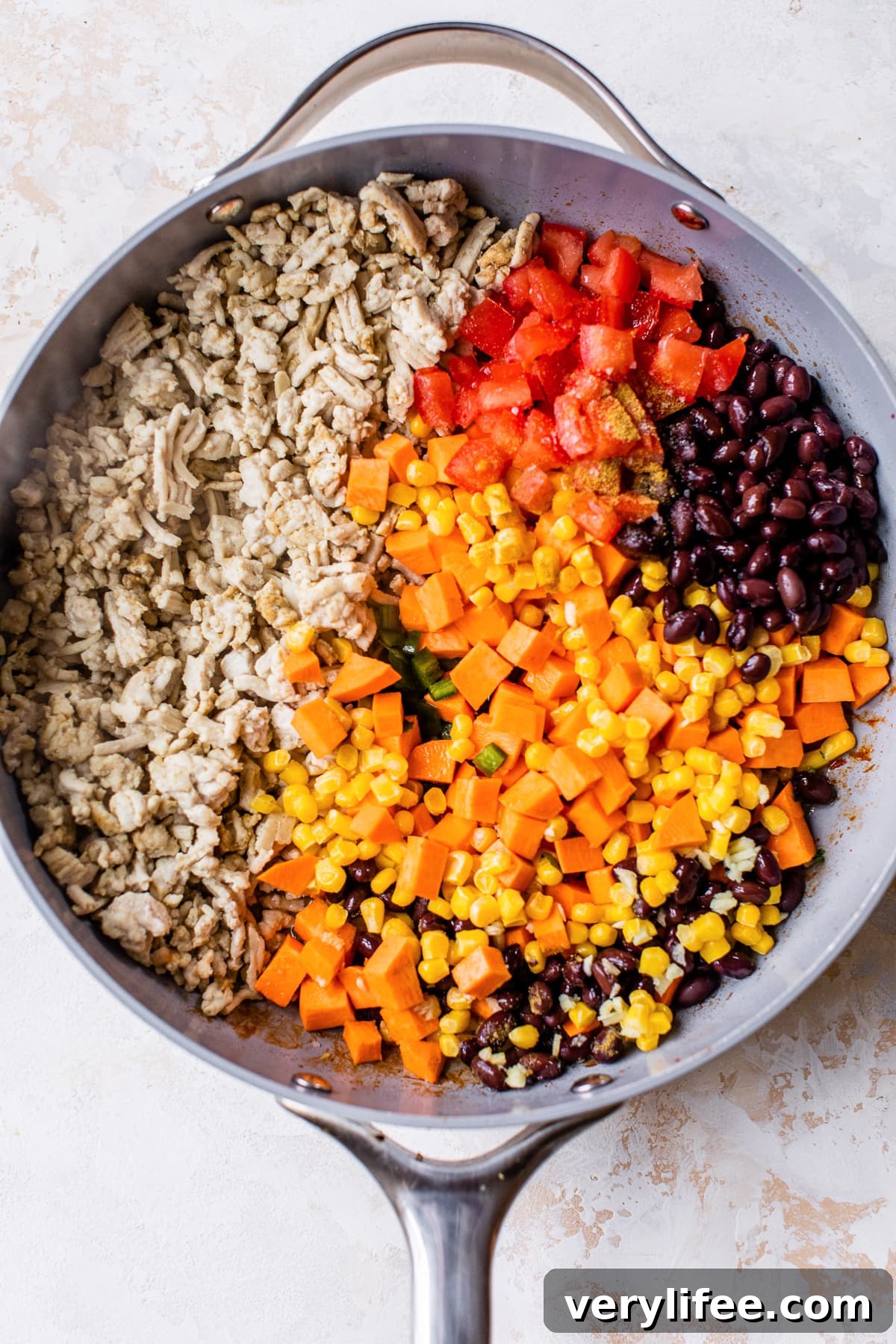 Ground Turkey Skillet: Sweet Potatoes and Black Beans 5 ground turkey, corn, black beans, tomatoes