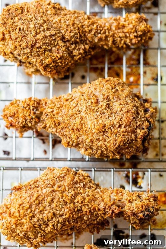 Crispy oven fried chicken drumsticks.
