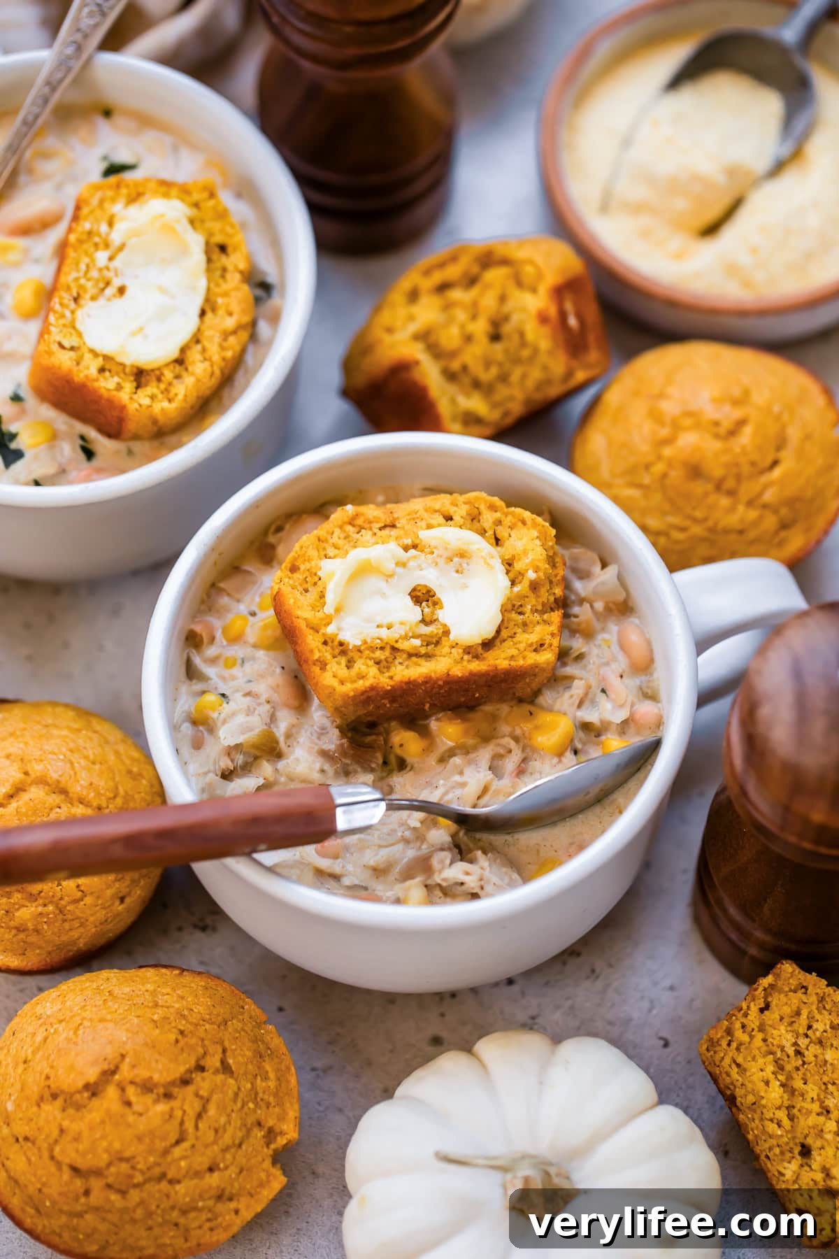 Pumpkin Cornbread Muffins with White Chili