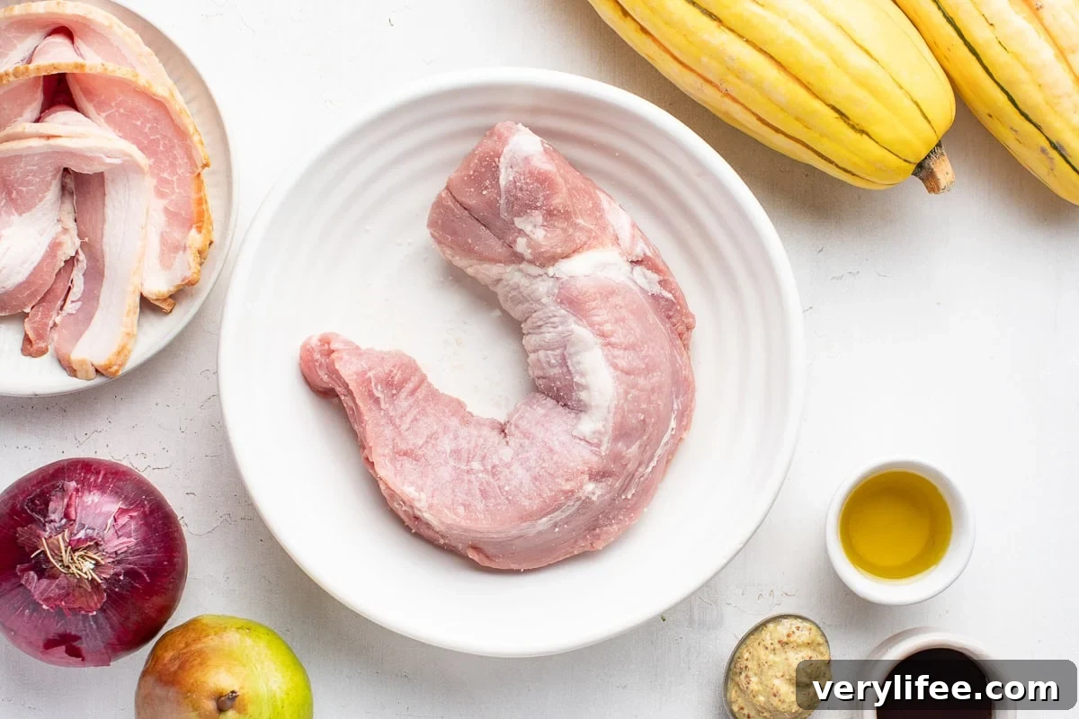 Sheet Pan Bacon-Wrapped Pork Tenderloin Recipe 5 Bacon, Pork Tenderloin, Delicata squash and pears