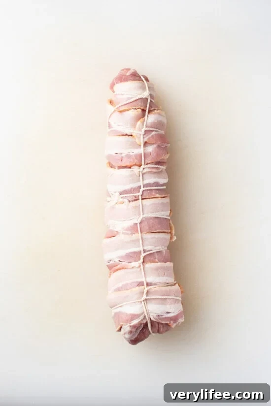 Sheet Pan Bacon-Wrapped Pork Tenderloin Recipe 6 bacon wrapped pork tied