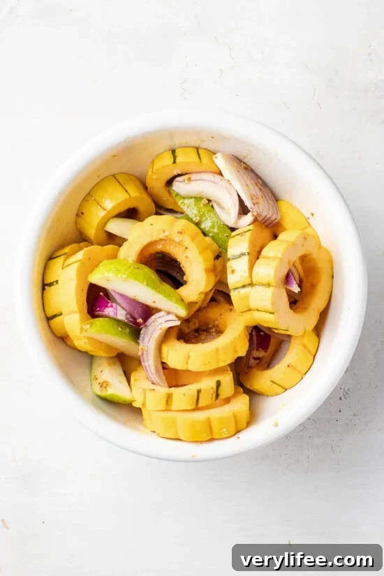 Sheet Pan Bacon-Wrapped Pork Tenderloin Recipe 7 Delicata squash, pears and red onion